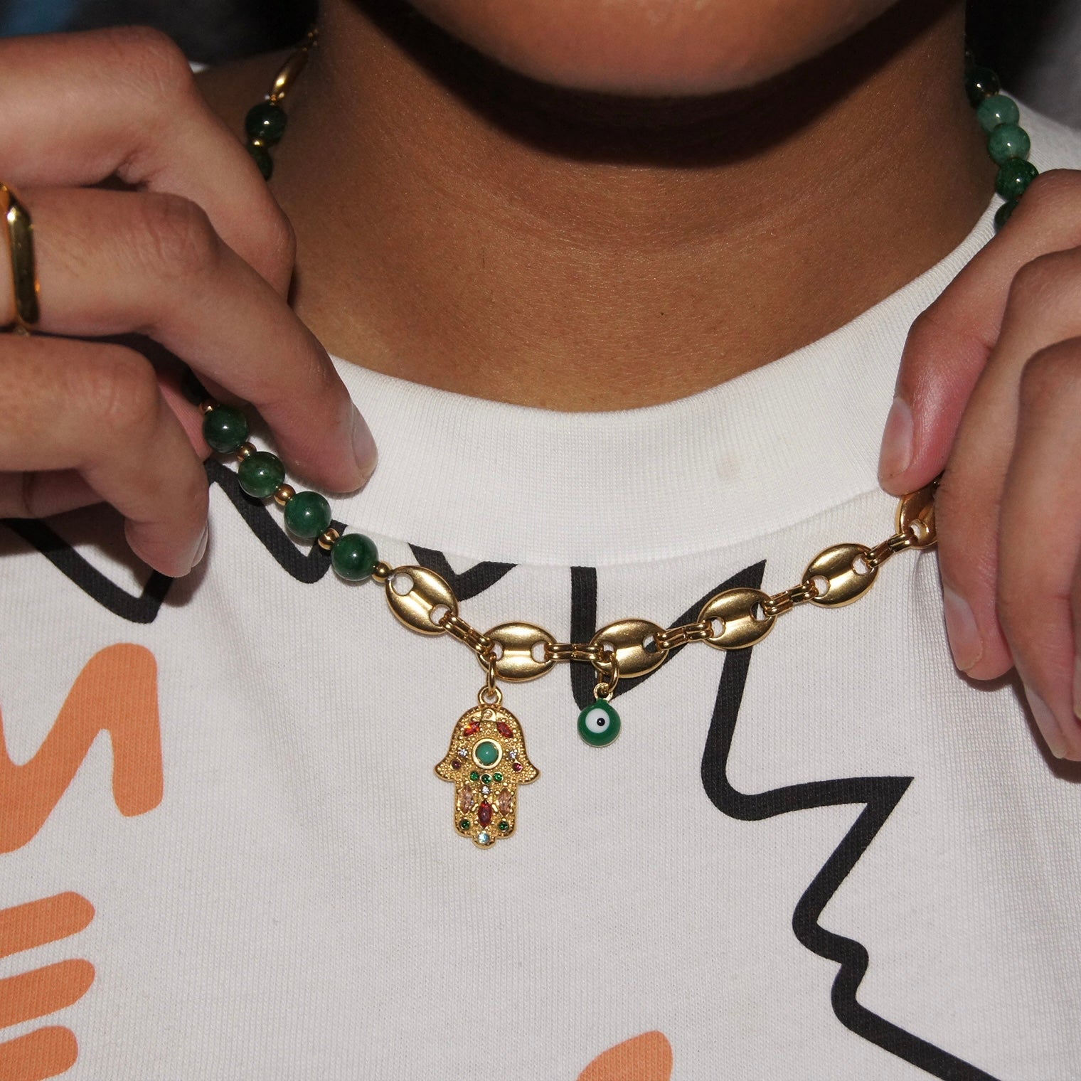Gold and Green Beaded Necklace - Image 2